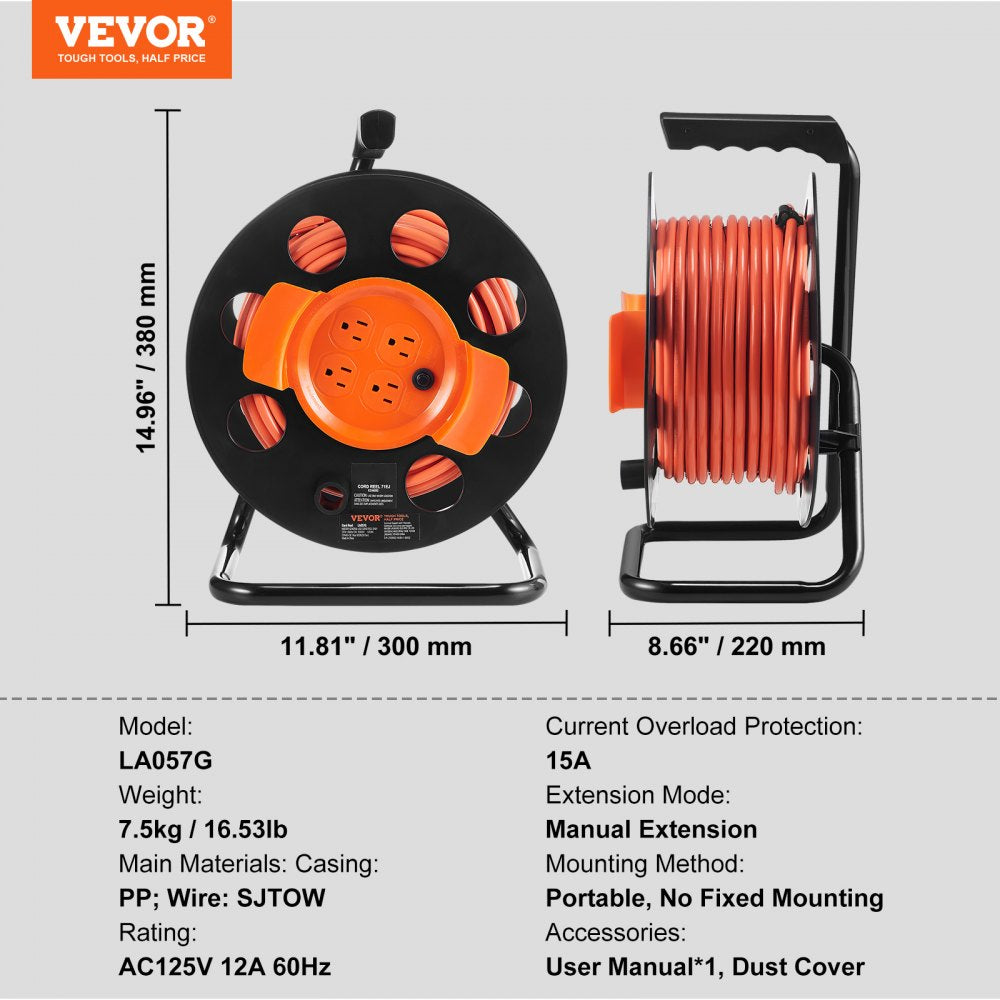 Extension Cord Reel, 100FT, with 4 Outlets and Dust Cover, Heavy Duty 12AWG SJTOW Power Cord, Manual Cord Reel with Portable Handle Circuit Breaker, for Toolshed Garage, Tested to UL Standards