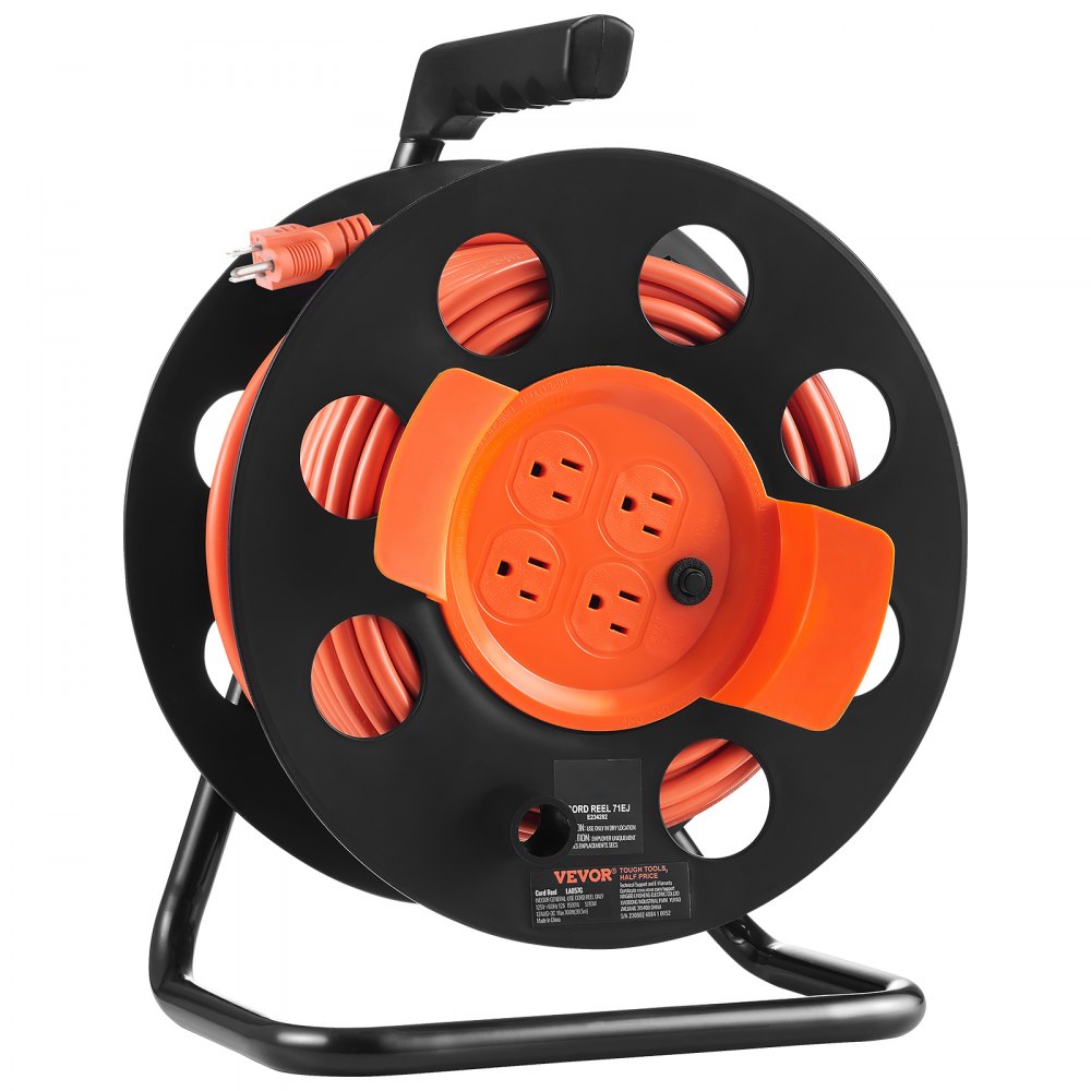 Extension Cord Reel, 100FT, with 4 Outlets and Dust Cover, Heavy Duty 12AWG SJTOW Power Cord, Manual Cord Reel with Portable Handle Circuit Breaker, for Toolshed Garage, Tested to UL Standards