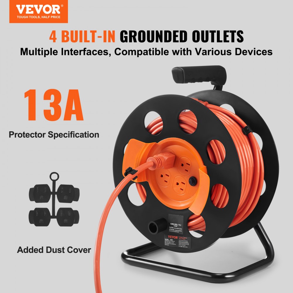 Extension Cord Reel, 100FT, with 4 Outlets and Dust Cover, Heavy Duty 14AWG SJTOW Power Cord, Manual Cord Reel with Portable Handle Circuit Breaker, for Toolshed Garage, Tested to UL Standards