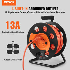 Extension Cord Reel, 100FT, with 4 Outlets and Dust Cover, Heavy Duty 14AWG SJTOW Power Cord, Manual Cord Reel with Portable Handle Circuit Breaker, for Toolshed Garage, Tested to UL Standards