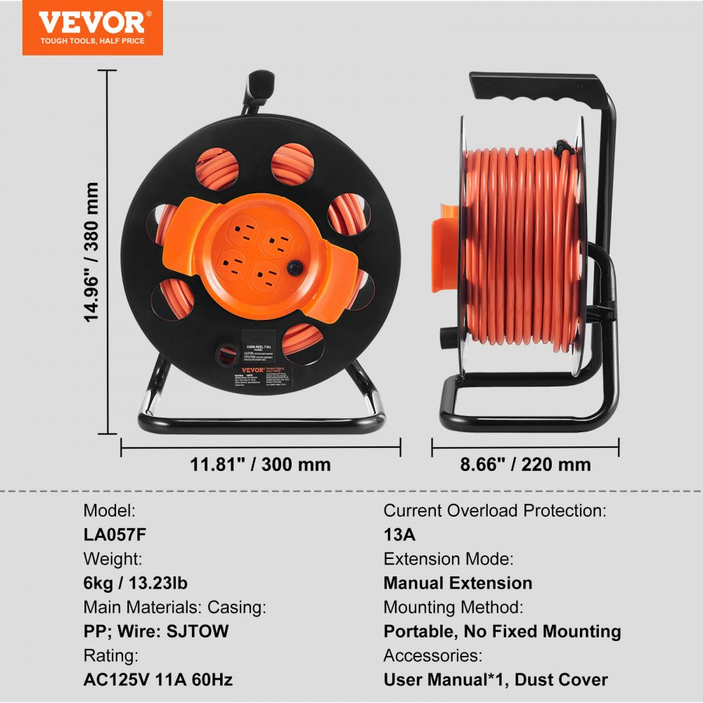 Extension Cord Reel, 100FT, with 4 Outlets and Dust Cover, Heavy Duty 14AWG SJTOW Power Cord, Manual Cord Reel with Portable Handle Circuit Breaker, for Toolshed Garage, Tested to UL Standards