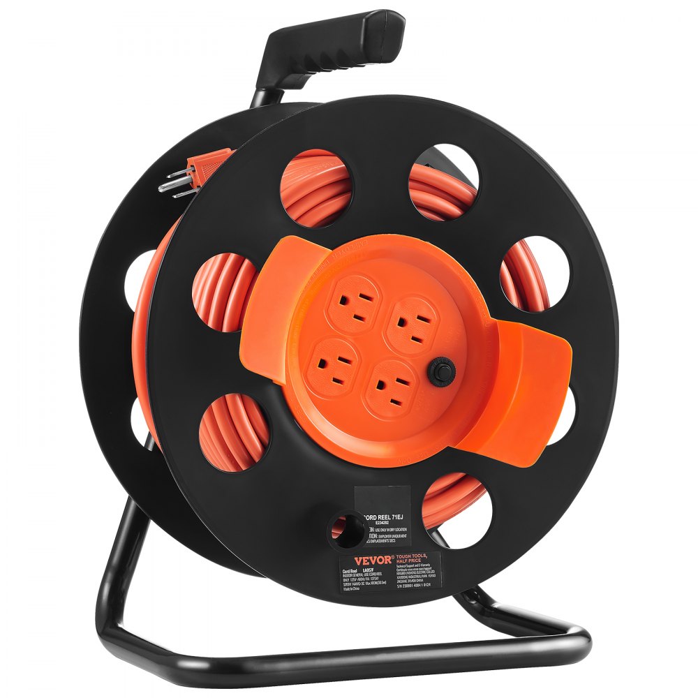 Extension Cord Reel, 100FT, with 4 Outlets and Dust Cover, Heavy Duty 14AWG SJTOW Power Cord, Manual Cord Reel with Portable Handle Circuit Breaker, for Toolshed Garage, Tested to UL Standards