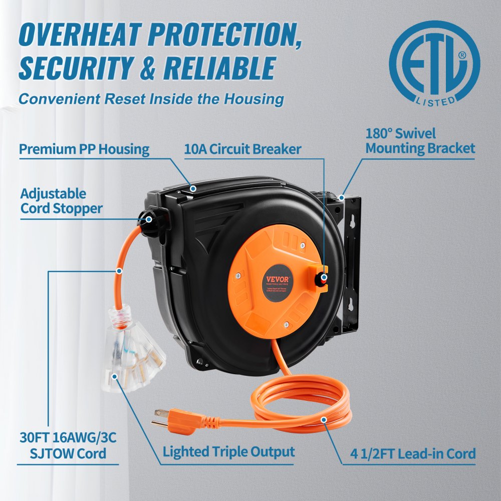 Retractable Extension Cord Reel, 30 FT, Heavy Duty 16AWG/3C SJTOW Power Cord, with Lighted Triple Tap Outlet 10 Amp Circuit Breaker, for Ceiling or Wall Mount Garage and Shop, ETL Listed