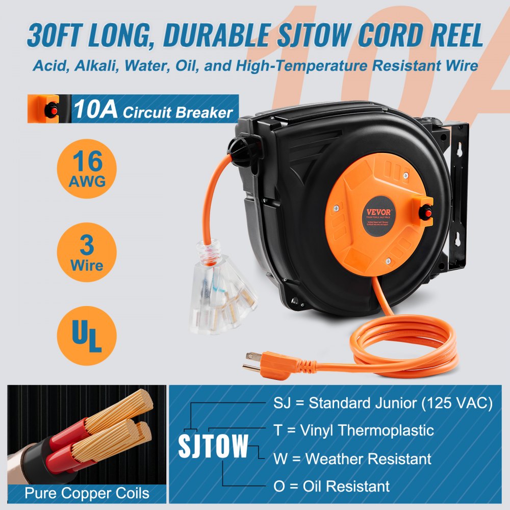 Retractable Extension Cord Reel, 30 FT, Heavy Duty 16AWG/3C SJTOW Power Cord, with Lighted Triple Tap Outlet 10 Amp Circuit Breaker, for Ceiling or Wall Mount Garage and Shop, ETL Listed