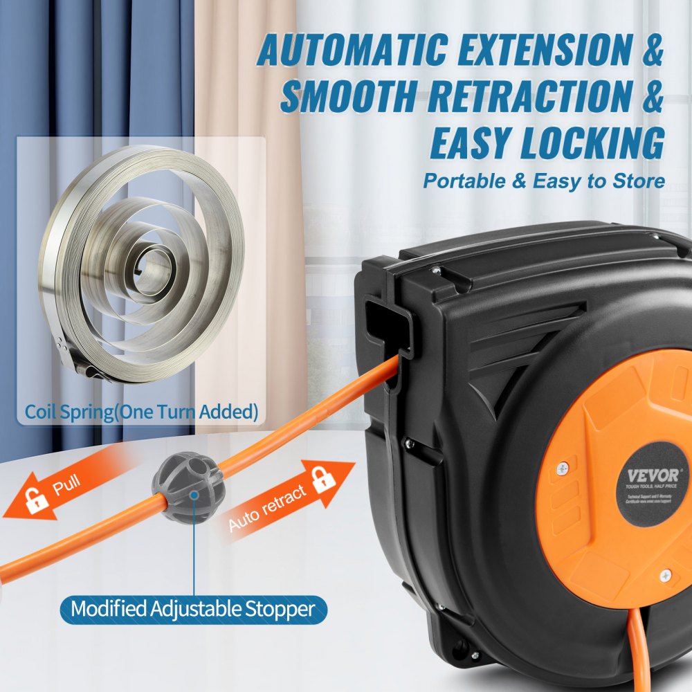 Retractable Extension Cord Reel, 30 FT, Heavy Duty 16AWG/3C SJTOW Power Cord, with Lighted Triple Tap Outlet 10 Amp Circuit Breaker, for Ceiling or Wall Mount Garage and Shop, ETL Listed