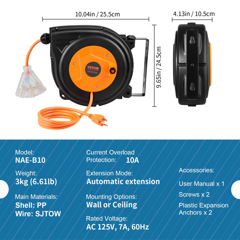 Retractable Extension Cord Reel, 30 FT, Heavy Duty 16AWG/3C SJTOW Power Cord, with Lighted Triple Tap Outlet 10 Amp Circuit Breaker, for Ceiling or Wall Mount Garage and Shop, ETL Listed
