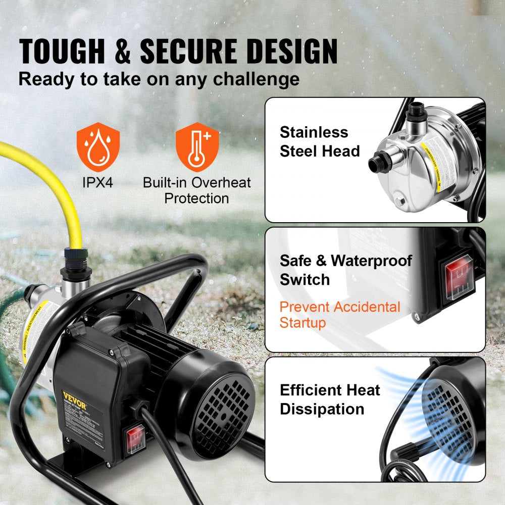 Shallow Well Pump Portable Garden Water Jet Pump 1.5HP 1200GPH 164 ft Head