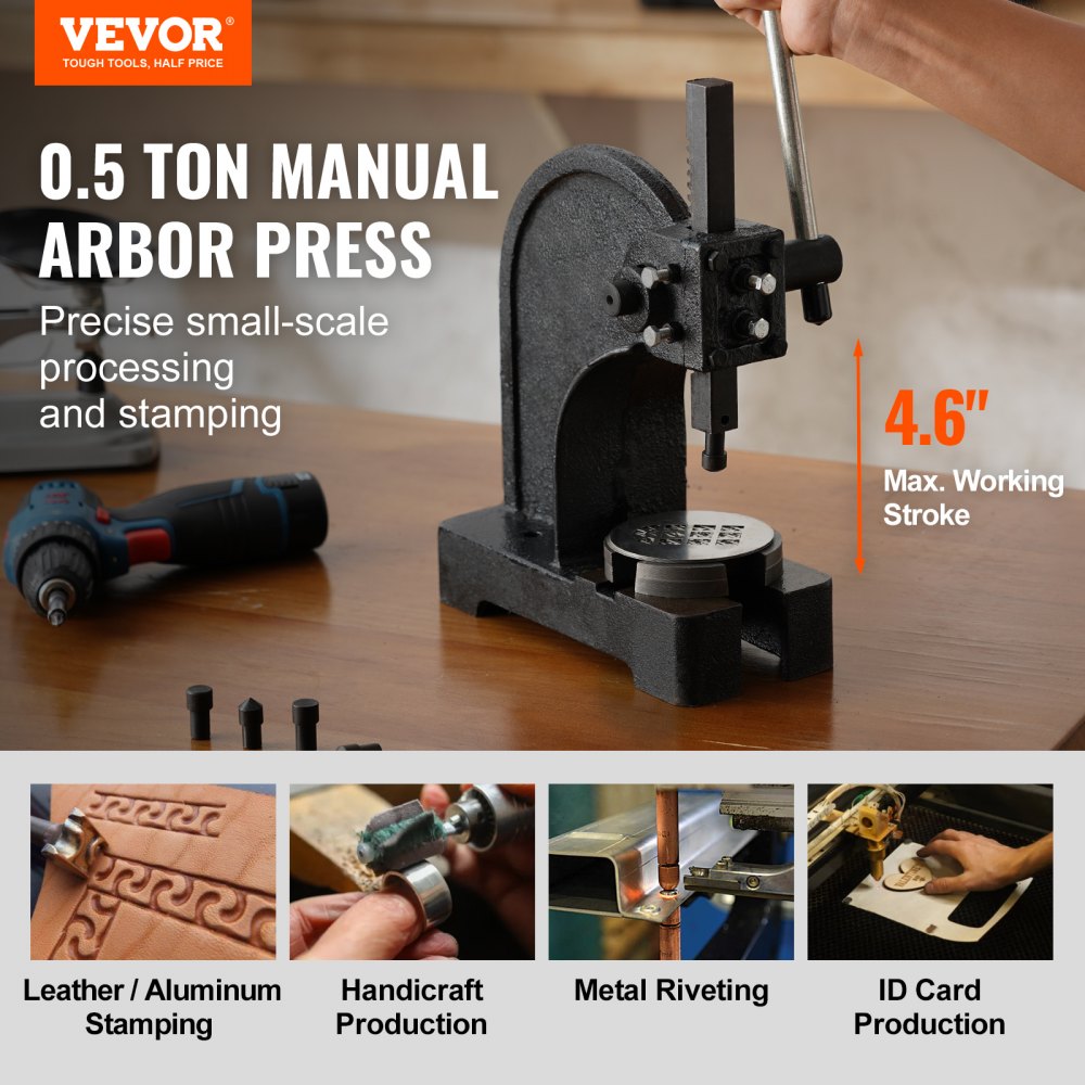 Arbor Press, 0.5 Ton Manual Arbor Press, 4.6" Maximum Height, Cast Iron Heavy-duty Manual Desktop Arbor Press, Precision Hand Press for Stamping, Bending, Stretching, Forming