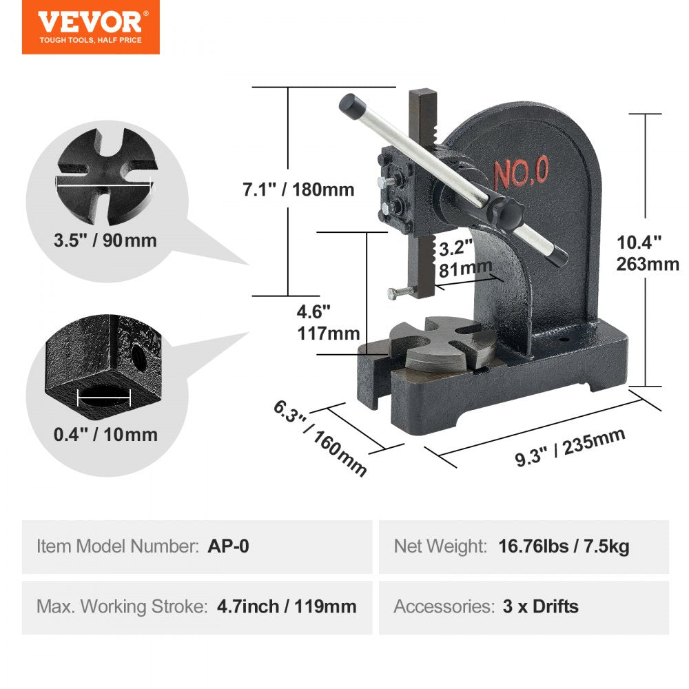 Arbor Press, 0.5 Ton Manual Arbor Press, 4.6" Maximum Height, Cast Iron Heavy-duty Manual Desktop Arbor Press, Precision Hand Press for Stamping, Bending, Stretching, Forming