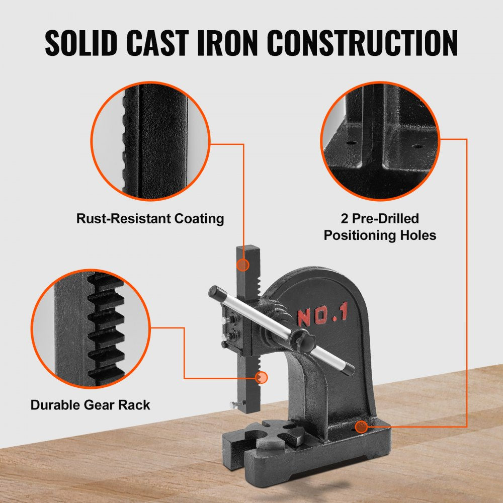 Arbor Press, 1 Ton Manual Arbor Press, 5.9" Maximum Height, Cast Iron Heavy-duty Manual Desktop Arbor Press, Precision Hand Press for Stamping, Bending, Stretching, Forming