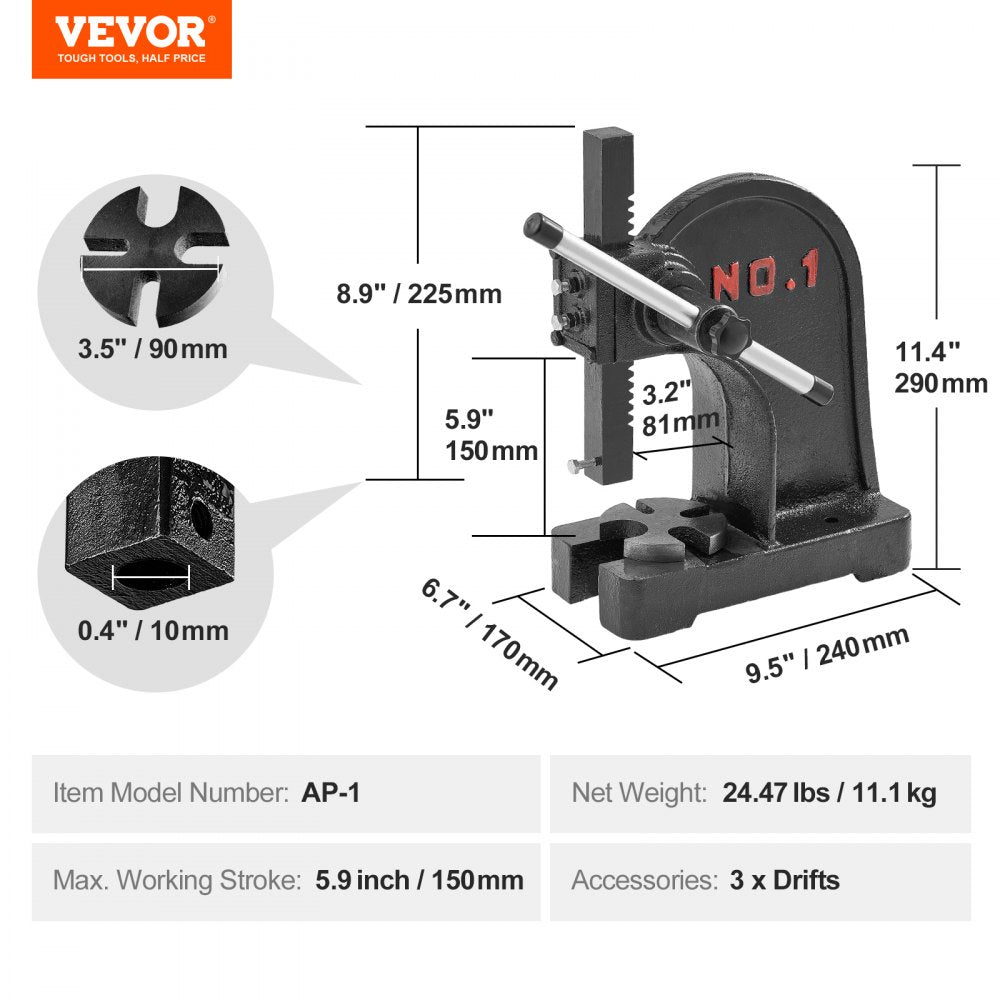 Arbor Press, 1 Ton Manual Arbor Press, 5.9" Maximum Height, Cast Iron Heavy-duty Manual Desktop Arbor Press, Precision Hand Press for Stamping, Bending, Stretching, Forming