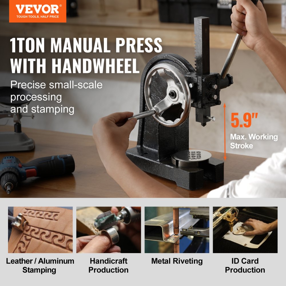 Arbor Press, 1 Ton Manual Arbor Press with Handwheel, 5.9" Maximum Height, Cast Iron Heavy-duty Manual Desktop Arbor Press, Precision Hand Press for Stamping, Bending, Stretching, Forming
