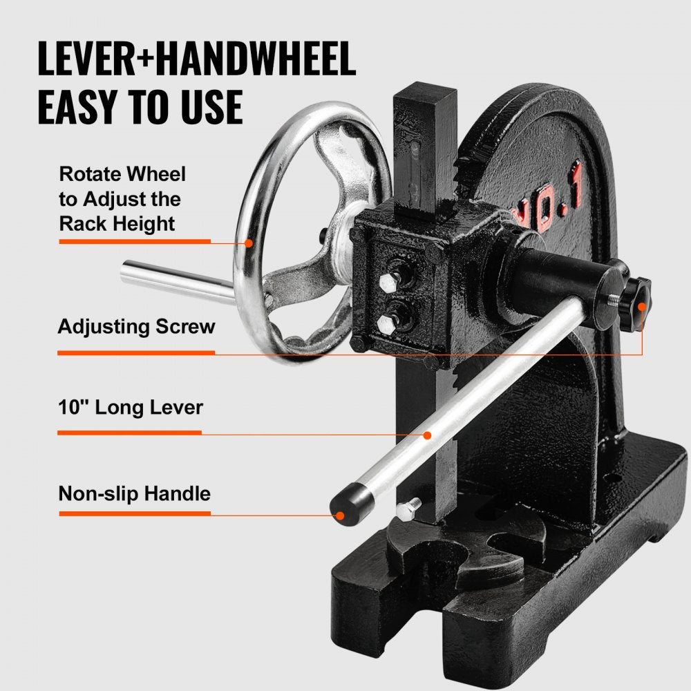 Arbor Press, 1 Ton Manual Arbor Press with Handwheel, 5.9" Maximum Height, Cast Iron Heavy-duty Manual Desktop Arbor Press, Precision Hand Press for Stamping, Bending, Stretching, Forming