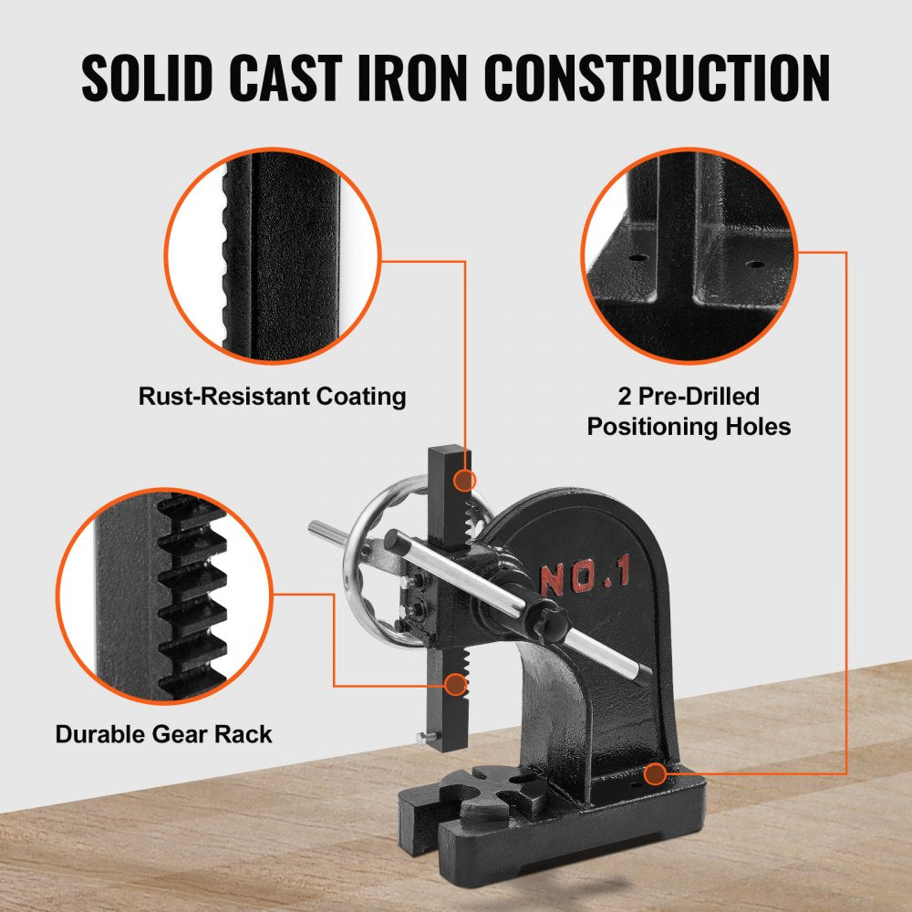 Arbor Press, 1 Ton Manual Arbor Press with Handwheel, 5.9" Maximum Height, Cast Iron Heavy-duty Manual Desktop Arbor Press, Precision Hand Press for Stamping, Bending, Stretching, Forming