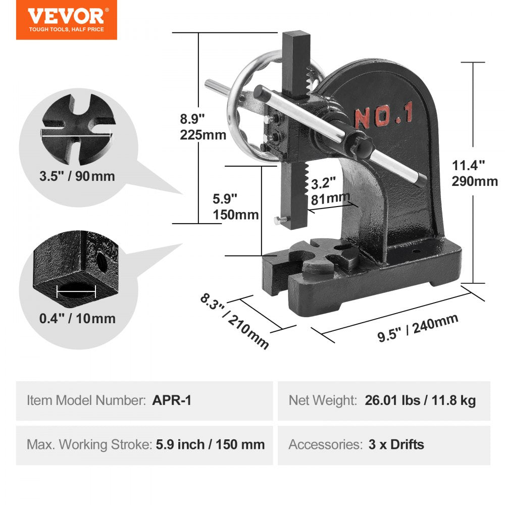 Arbor Press, 1 Ton Manual Arbor Press with Handwheel, 5.9" Maximum Height, Cast Iron Heavy-duty Manual Desktop Arbor Press, Precision Hand Press for Stamping, Bending, Stretching, Forming