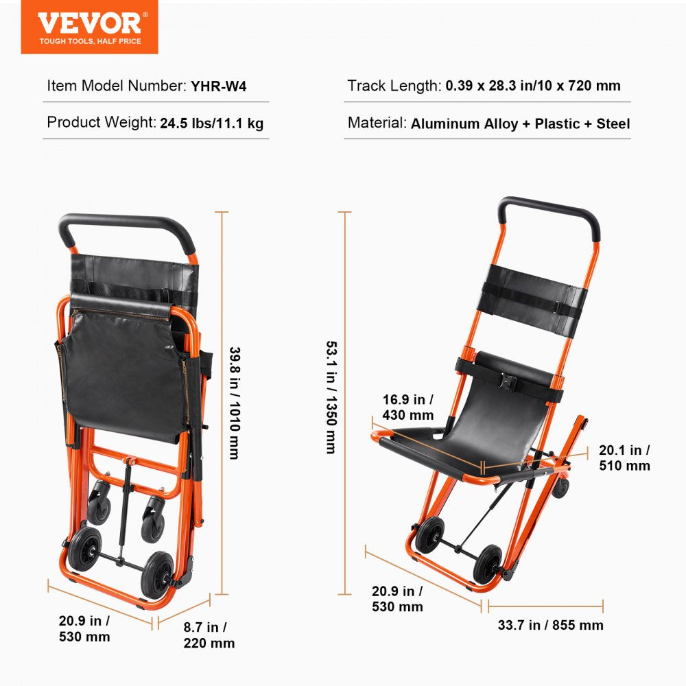 Manual Stair Chair, 350 lbs Load Capacity, Foldable Emergency Stair Wheelchair with 4 Wheels, Portable Transport Stair Chair Ambulance Firefighter Evacuation Use for Elderly, Disabled Transfer