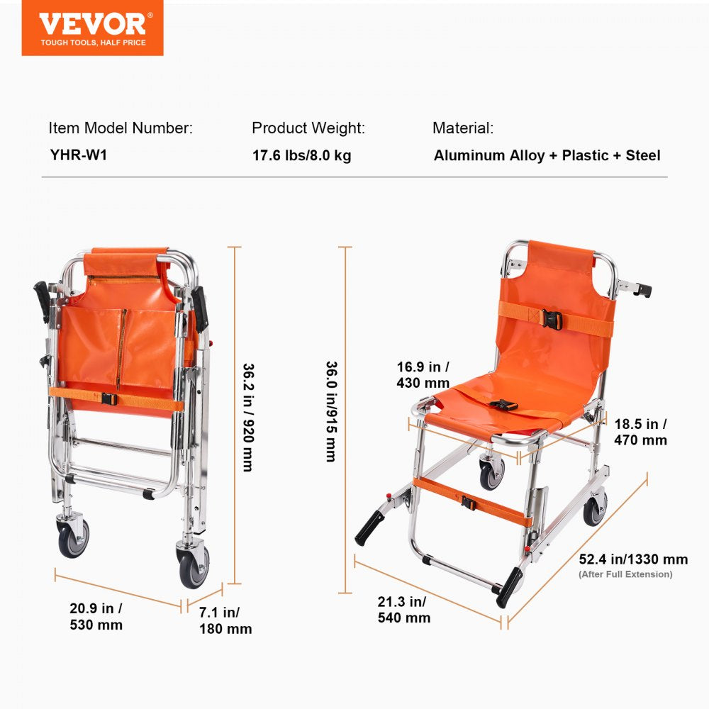 EMS Stair Chair, 350 lbs Load Capacity, Foldable Aluminum Emergency Stair Climbing Wheelchair with 2 Wheels, Portable Stair Lift Chair Ambulance Firefighter Evacuation Use for Elderly, Disabled