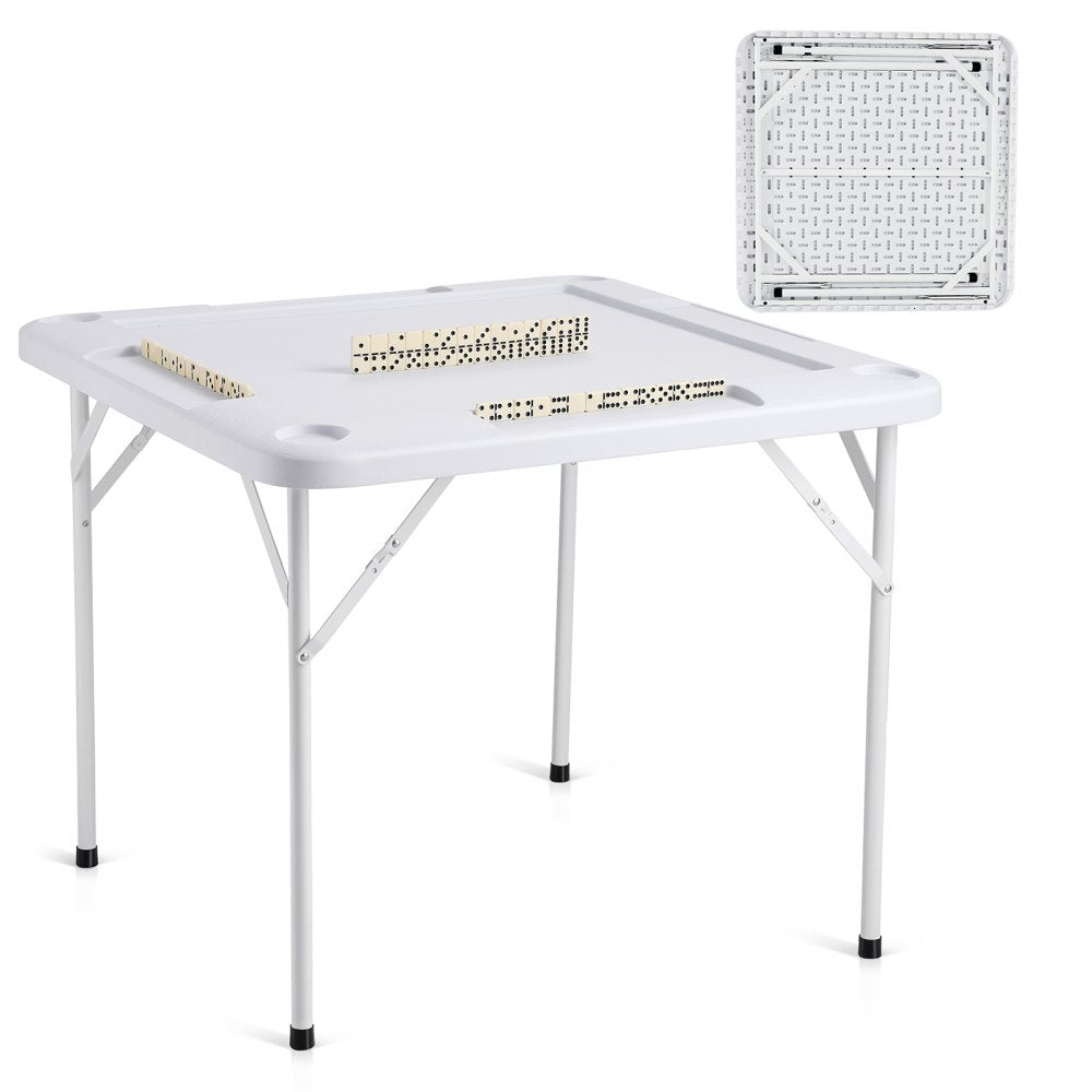 White folding Mahjong table for 4 players with built-in cup holders and chip trays.