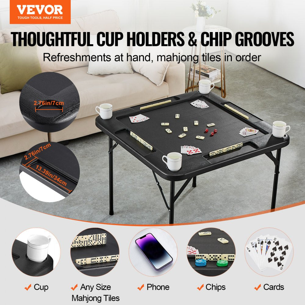 Mahjong Table 4 Player Folding Card Table & 4 Cup Holders Chip Trays Black