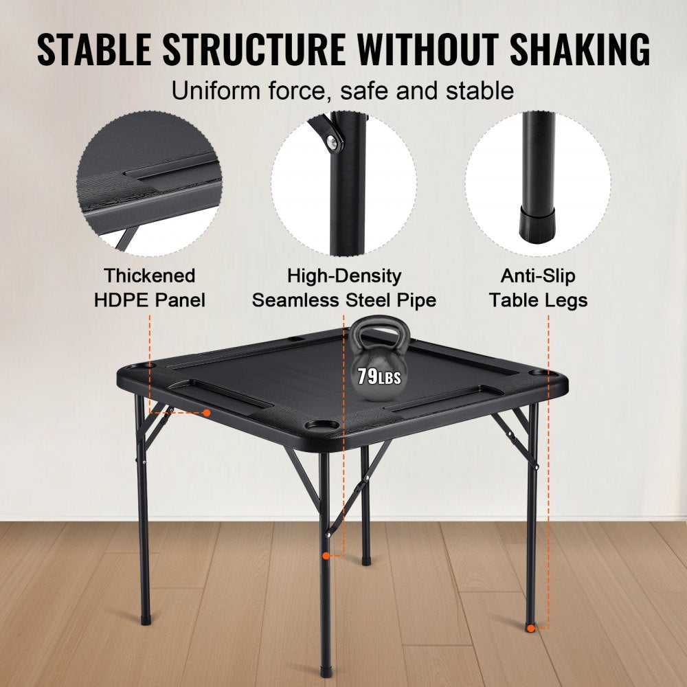 Mahjong Table 4 Player Folding Card Table & 4 Cup Holders Chip Trays Black