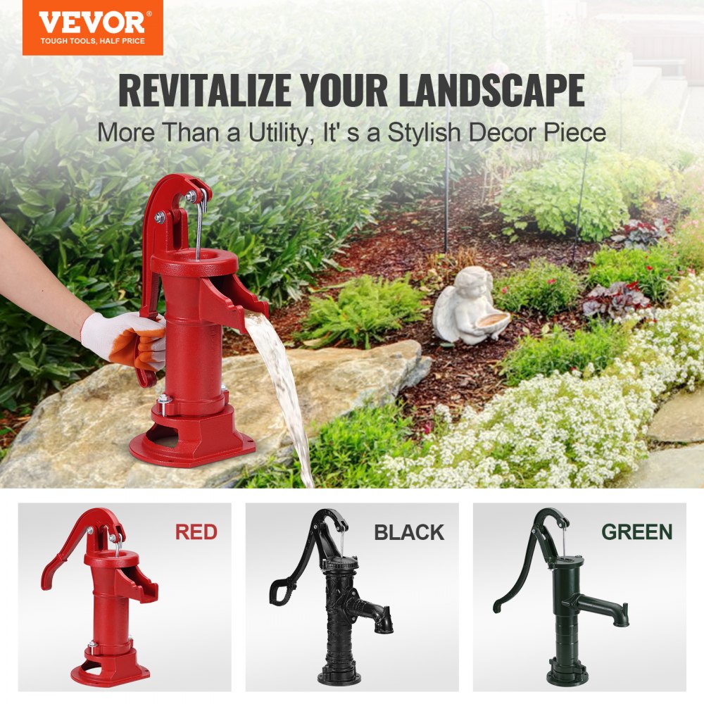 Antique Well Hand Pitcher Pump, 25 ft Maximum Lift, Cast Iron Manual Hand Water Pump with Ergonomic Handle G1-5/8" Easy Installation, Old Fashioned for Outdoor Home Yard Garden Pond Farm, Red