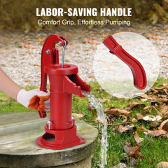 Antique Well Hand Pitcher Pump, 25 ft Maximum Lift, Cast Iron Manual Hand Water Pump with Ergonomic Handle G1-5/8" Easy Installation, Old Fashioned for Outdoor Home Yard Garden Pond Farm, Red