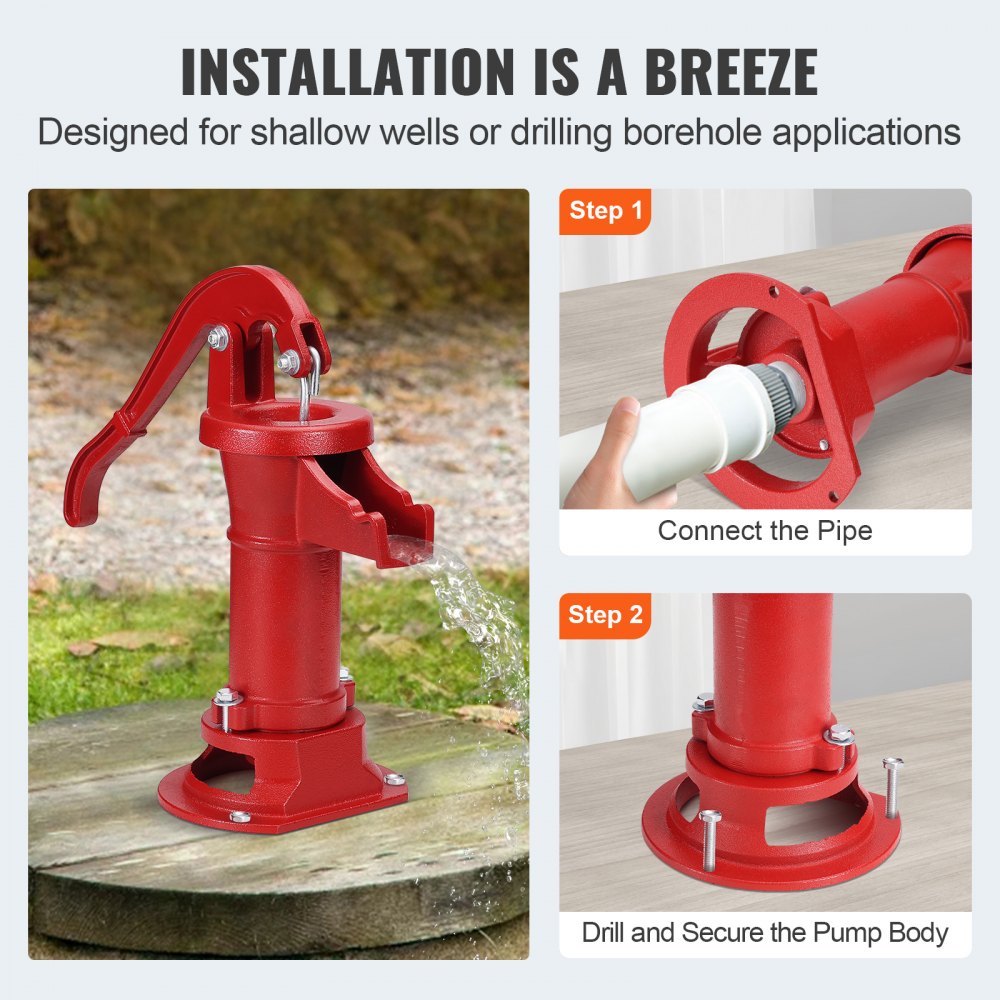 Antique Well Hand Pitcher Pump, 25 ft Maximum Lift, Cast Iron Manual Hand Water Pump with Ergonomic Handle G1-5/8" Easy Installation, Old Fashioned for Outdoor Home Yard Garden Pond Farm, Red