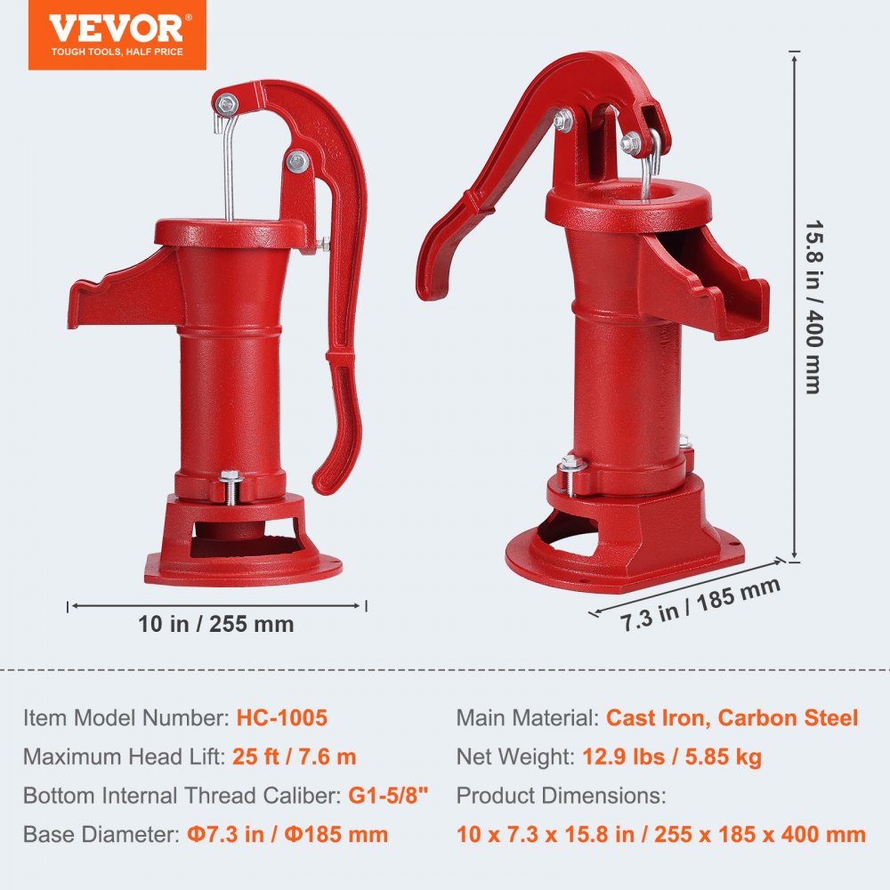 Antique Well Hand Pitcher Pump, 25 ft Maximum Lift, Cast Iron Manual Hand Water Pump with Ergonomic Handle G1-5/8" Easy Installation, Old Fashioned for Outdoor Home Yard Garden Pond Farm, Red