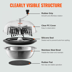 Leaf Bowl Trimmer, 24`` Trimmer Bowl, Manual Bud Trimmer with Stainless-Steel Blades for Twisted Spin Cut, Clear Visibility Dome and Hand Pruner Included, for Cutting Leaves, Buds, Flowers