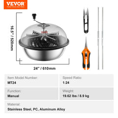 Leaf Bowl Trimmer, 24`` Trimmer Bowl, Manual Bud Trimmer with Stainless-Steel Blades for Twisted Spin Cut, Clear Visibility Dome and Hand Pruner Included, for Cutting Leaves, Buds, Flowers