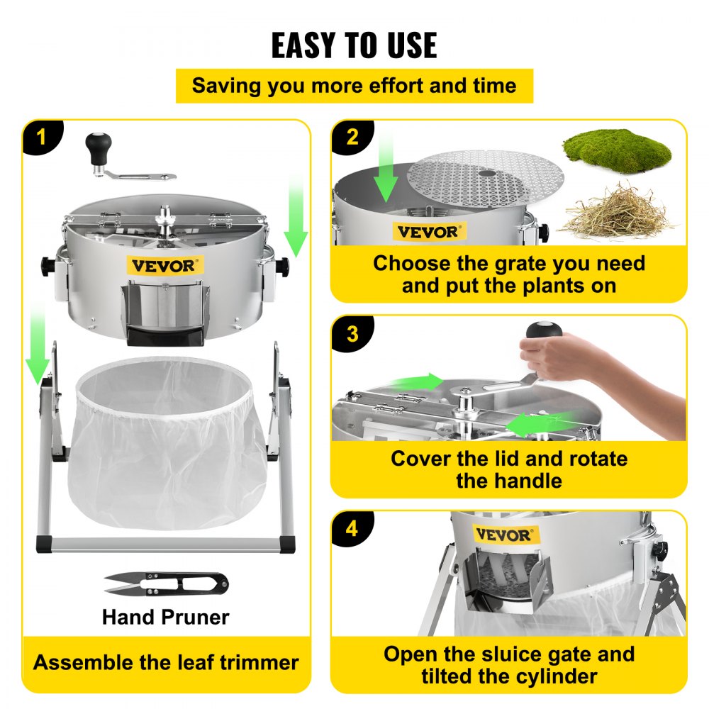 Bud Leaf Trimmer, 16 inch Manual, Hydroponic Dry or Wet Plant Trimming Machine w/Sharp Stainless Steel Blades & Solid Metal Gearbox & Hand Pruner, Twisted Spin Cut for Herbs, Leaves, Silver