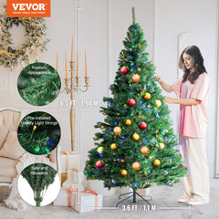 Christmas Tree, 6.5ft Prelit Artificial Xmas Tree, Full Holiday Decor Tree with 450 Multi-Color LED Lights, 1227 Branch Tips, Metal Base for Home Party Office Decoration