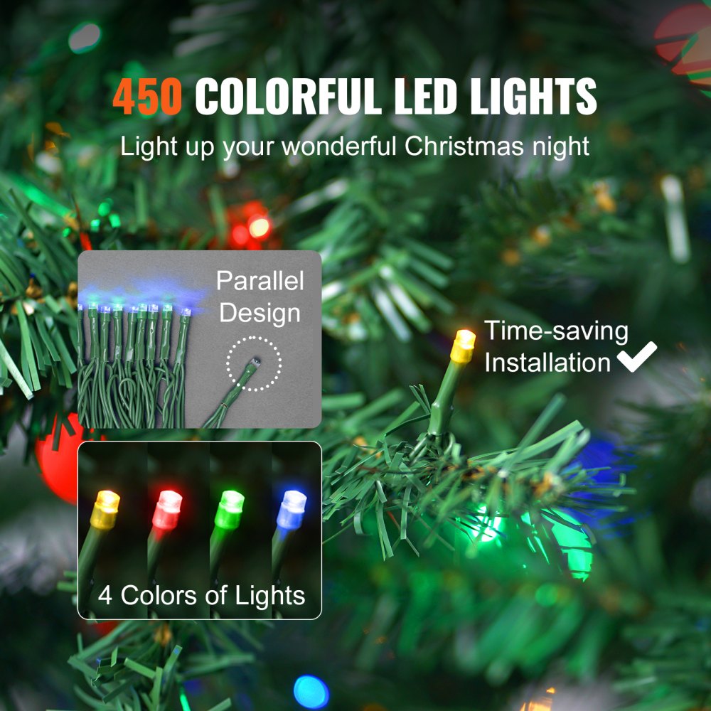 Christmas Tree, 6.5ft Prelit Artificial Xmas Tree, Full Holiday Decor Tree with 450 Multi-Color LED Lights, 1227 Branch Tips, Metal Base for Home Party Office Decoration
