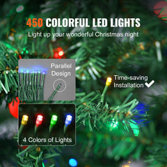 Christmas Tree, 6.5ft Prelit Artificial Xmas Tree, Full Holiday Decor Tree with 450 Multi-Color LED Lights, 1227 Branch Tips, Metal Base for Home Party Office Decoration
