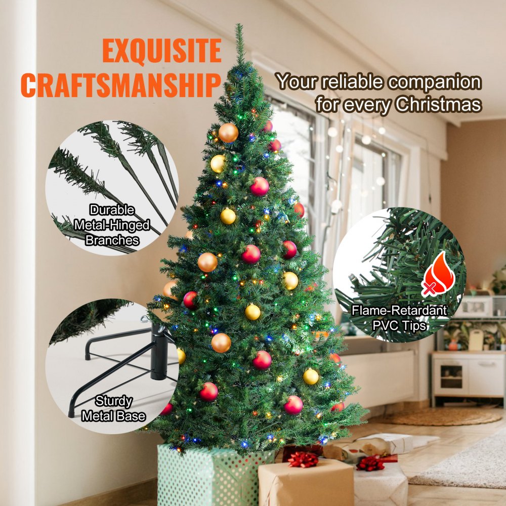 Christmas Tree, 6.5ft Prelit Artificial Xmas Tree, Full Holiday Decor Tree with 450 Multi-Color LED Lights, 1227 Branch Tips, Metal Base for Home Party Office Decoration