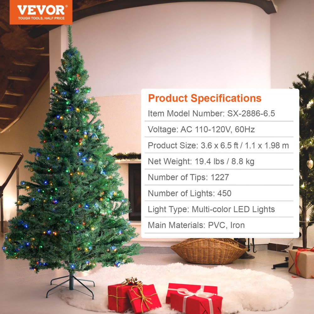 Christmas Tree, 6.5ft Prelit Artificial Xmas Tree, Full Holiday Decor Tree with 450 Multi-Color LED Lights, 1227 Branch Tips, Metal Base for Home Party Office Decoration