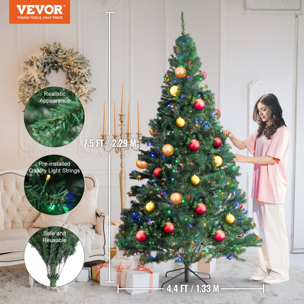 Christmas Tree, 7.5ft Prelit Artificial Xmas Tree, Full Holiday Decor Tree with 550 Multi-Color LED Lights, 1346 Branch Tips, Metal Base for Home Party Office Decoration