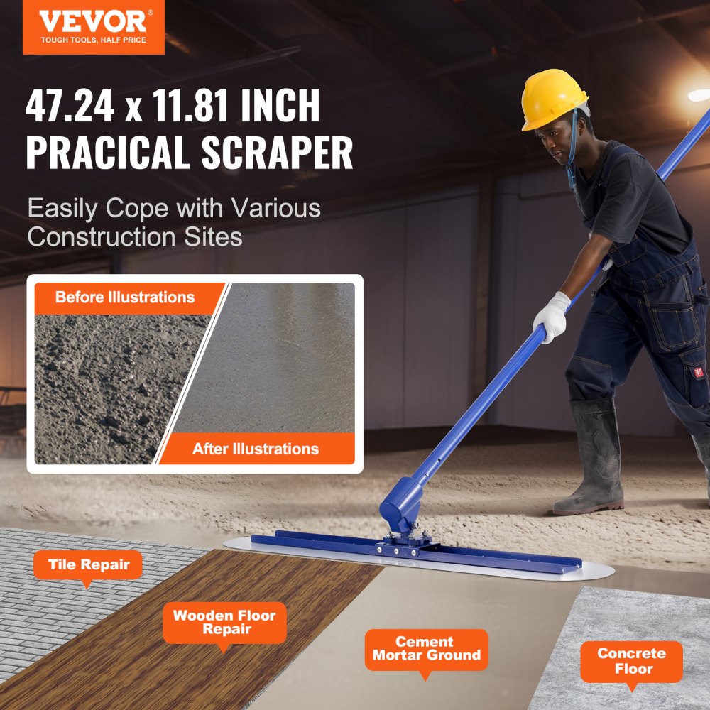 Manganese steel bull float kit with 47x11.8 inch blade and adjustable handle for concrete finishing.