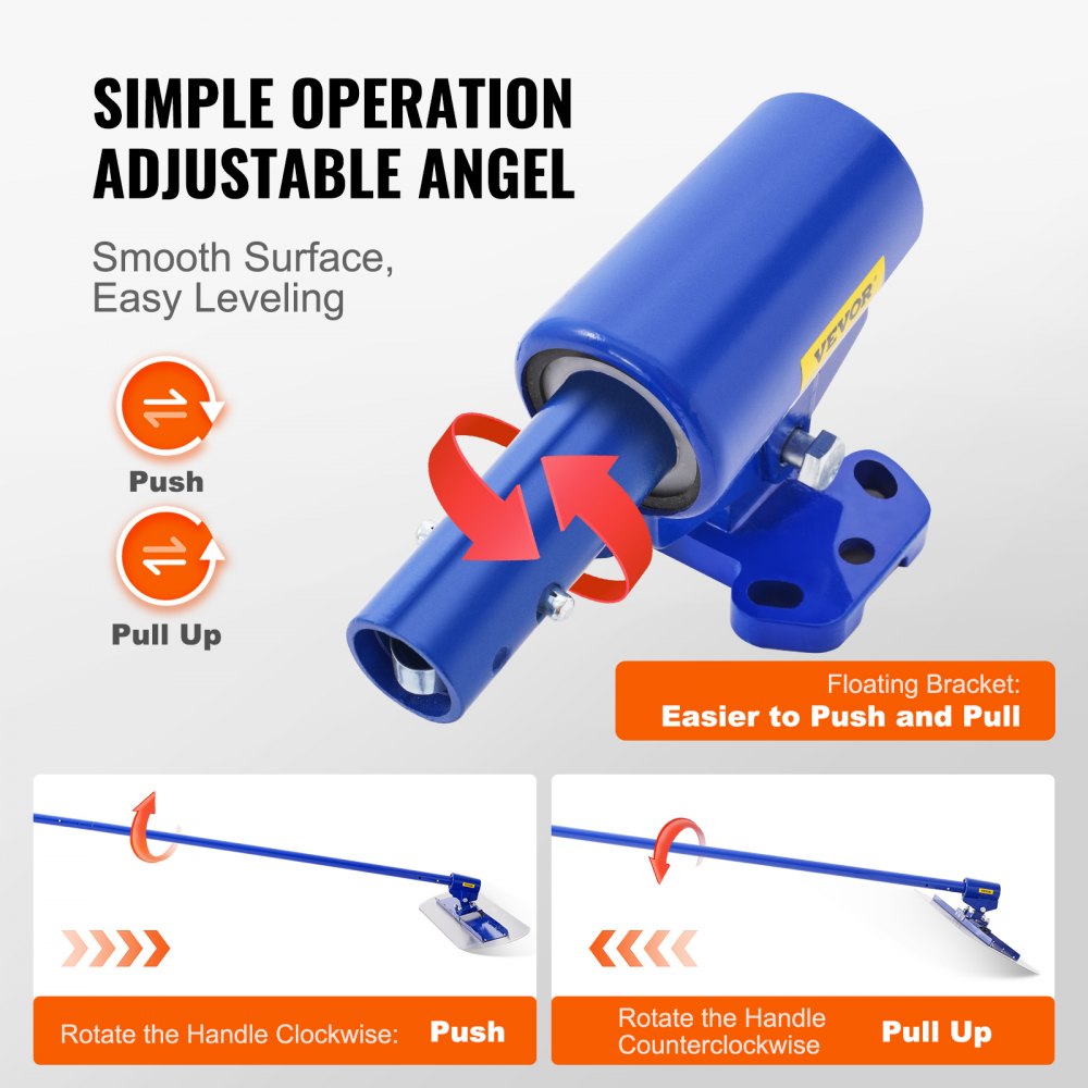 Blue manganese steel bull float kit with 47x11.8-inch blade, adjustable bracket, and rotatable handle for concrete leveling.