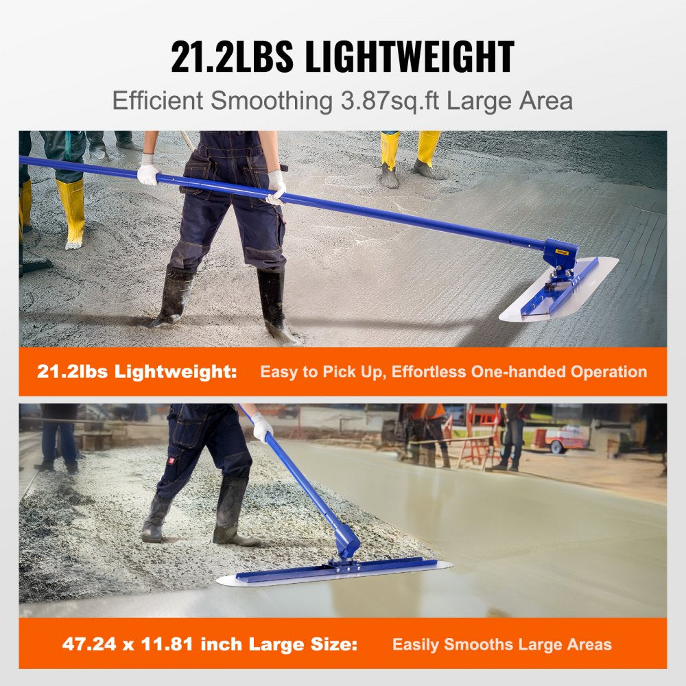 Workers using a lightweight 21.2 lb bull float kit with 47x11.8 inch manganese steel blade to smooth concrete.