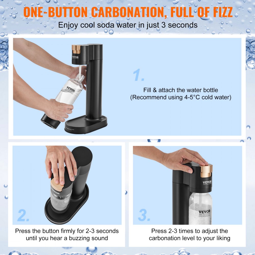 Sparkling Water Maker, Soda Maker Machine for Home Carbonating, Seltzer Water Starter Kit with BPA free 1L PET Bottle, Compatible with Mainstream Screw-in 60L CO2 Cylinder(NOT Included), Black