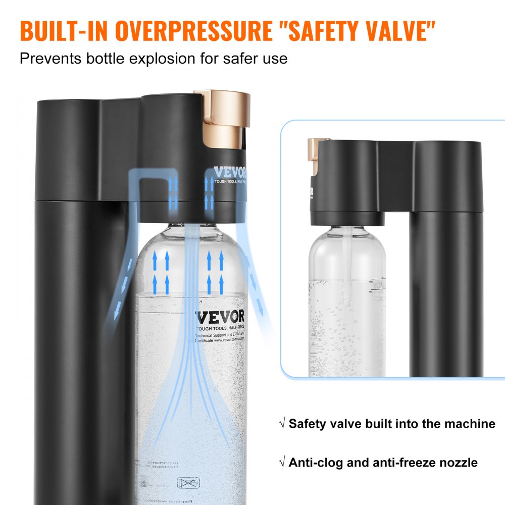 Sparkling Water Maker, Soda Maker Machine for Home Carbonating, Seltzer Water Starter Kit with BPA free 1L PET Bottle, Compatible with Mainstream Screw-in 60L CO2 Cylinder(NOT Included), Black