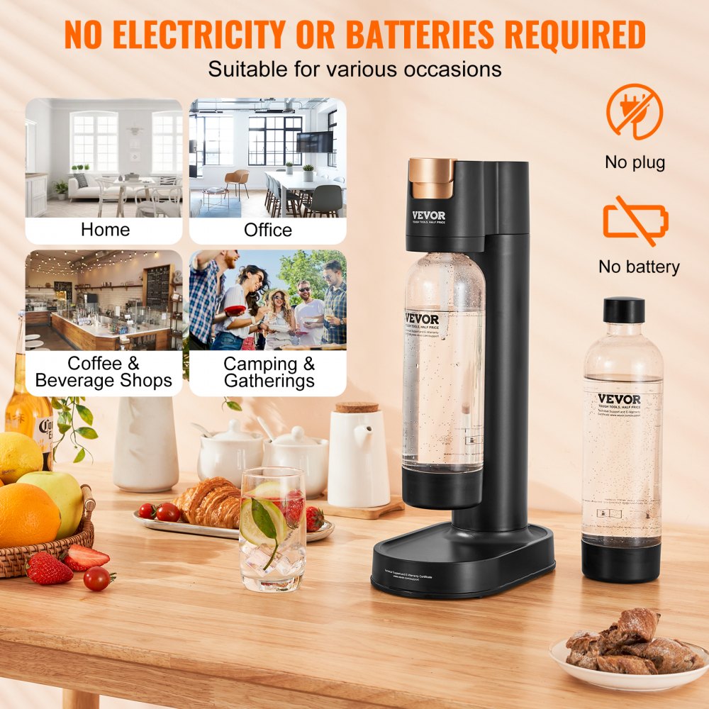 Sparkling Water Maker, Soda Maker Machine for Home Carbonating, Seltzer Water Starter Kit with 2 BPA-free 1L PET Bottles, Compatible with Mainstream Screw-in 60L CO2 Cylinder(NOT Included) Black