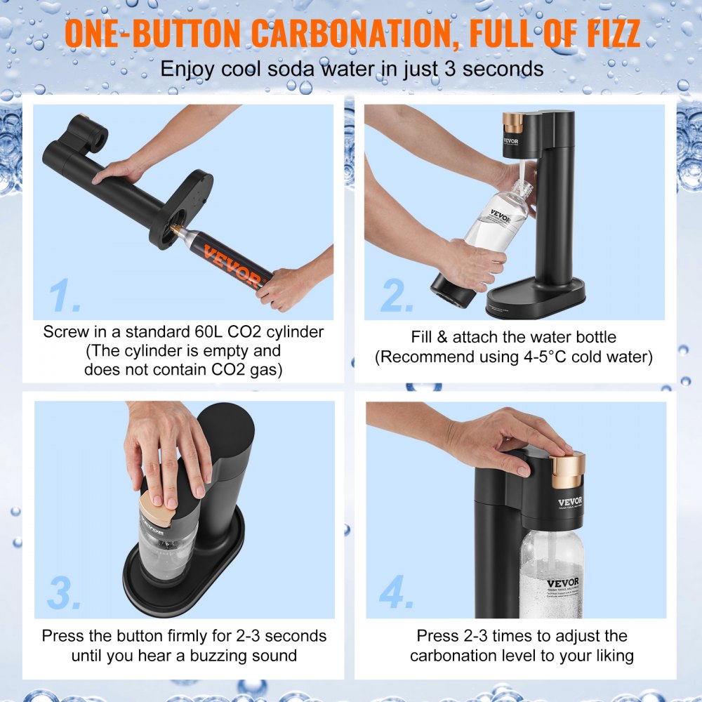 Sparkling Water Maker, Soda Maker Machine for Home Carbonating, Seltzer Water Starter Kit with BPA-free 1L PET Bottle, 2 CO2 Cylinders, Compatible with Mainstream Screw-in 60L CO2 Cylinder