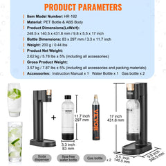 Sparkling Water Maker, Soda Maker Machine for Home Carbonating, Seltzer Water Starter Kit with BPA-free 1L PET Bottle, 2 CO2 Cylinders, Compatible with Mainstream Screw-in 60L CO2 Cylinder