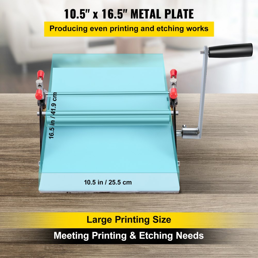 All-metal etching press with a 10.5" x 16.5" bed and ergonomic handle for printmaking.