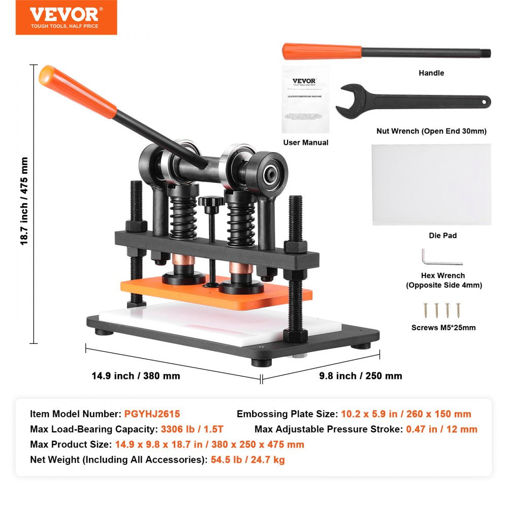 Leather Cutting Machine, 10.2 x 5.9 in Embossing Plate Manual Die Cutter, 0.47 in Pressure Stroke Dual Guide Shafts Die Cut Machine, Leather Embossing Machine for Various of Materials