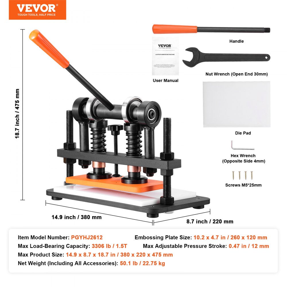 Leather Cutting Machine, 10.2 x 4.7 in Embossing Plate Manual Die Cutter, 0.47 in Pressure Stroke Dual Guide Shafts Die Cut Machine, Leather Embossing Machine for Various of Materials