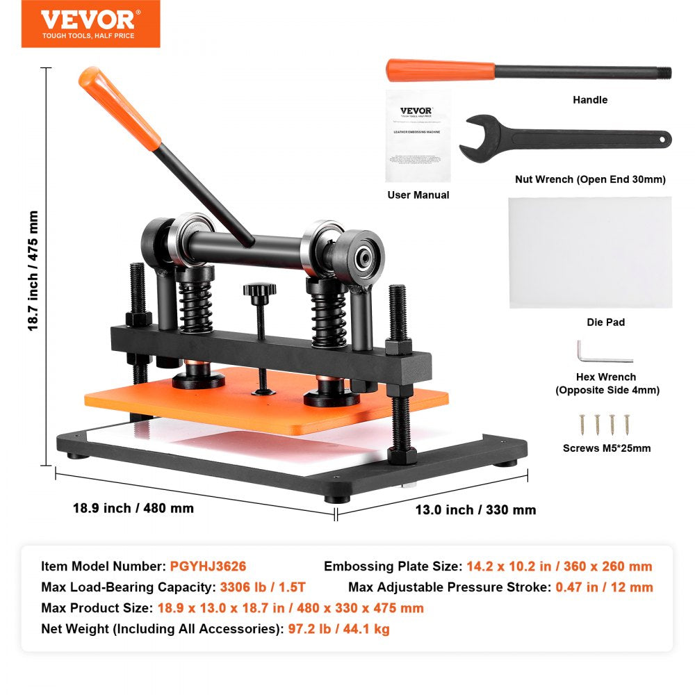 Leather Cutting Machine, 14.2 x 10.2 in Embossing Plate Manual Die Cutter, 0.47 in Pressure Stroke Dual Guide Shafts Die Cut Machine, Leather Embossing Machine for Various of Materials