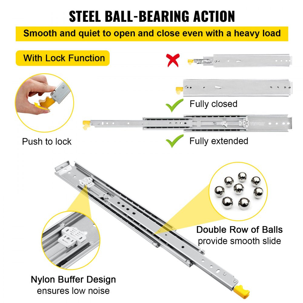 Drawer Slides with Lock, 1 Pair 30 inch, Heavy-Duty Industrial Steel up to 500 lbs Capacity, 3-Fold Full Extension, Ball Bearing Lock-in & Lock-Out, Side Mount
